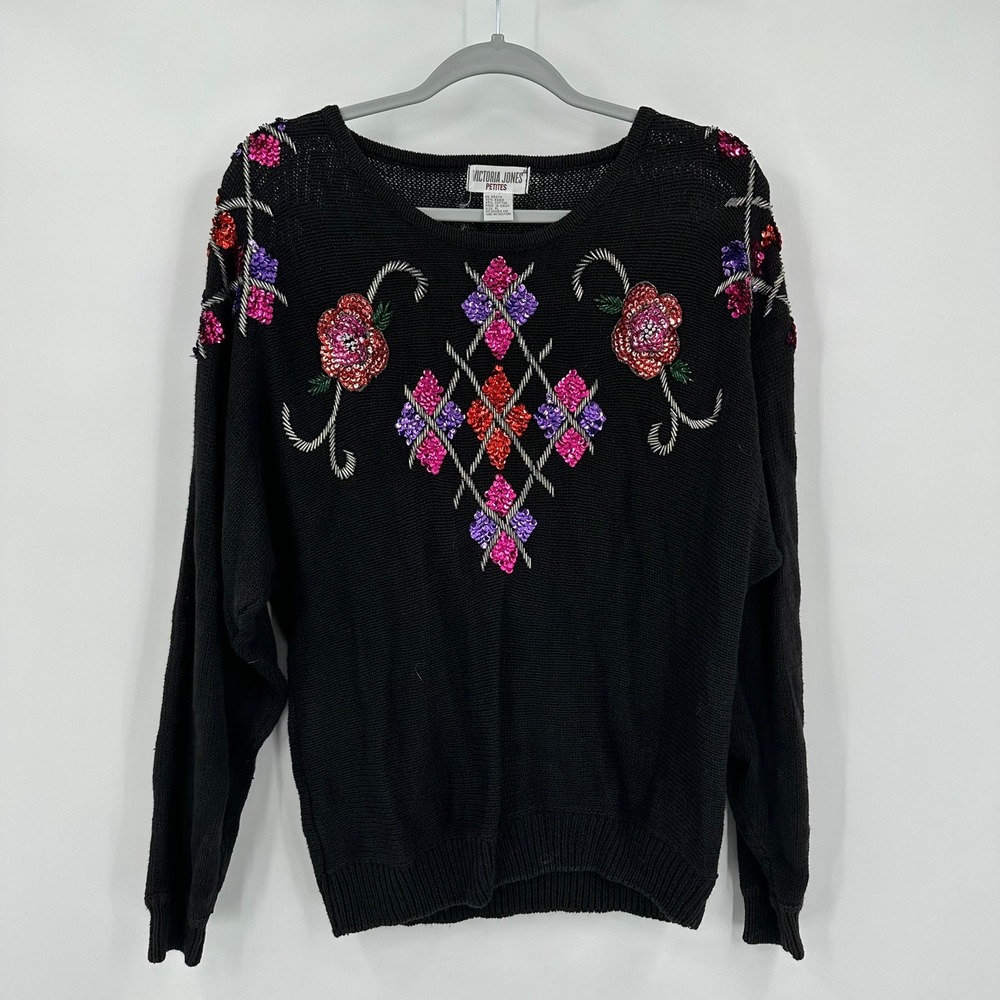Women Vintage Maximalist Sweater Size PL Sequin Eclectic Bold Indie Art Deco 80s
